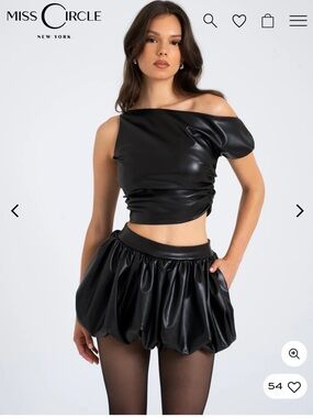 Miss Circle Vegan Leather Slash Neck Top & Bubble Skirt 2 Piece SET